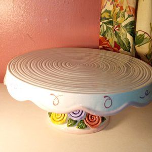 BIRTHDAY CELEBRATION CERAMIC PEDESTAL CAKE WITH COLORFUL FLOWERS